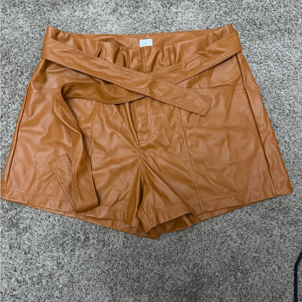 Tan Faux Leather Shorts with Belt